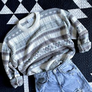 Vintage Cream and Gray Patterned Grandpa Sweater